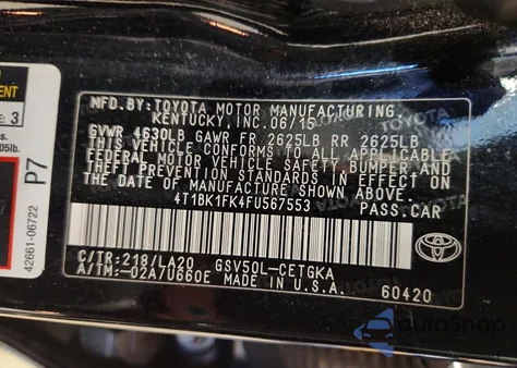 2015 Toyota Camry Xse z USA, uszkodzony, nr VIN 4T1BK1FK4FU567553